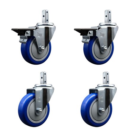 Service Caster 4'' Blue Polyurethane Wheel Swivel 7/8'' Square Stem Caster Set 2 Brakes, 4PK SCC-SQ20S414-PPUB-BLUE-PLB-78-2-S-2
